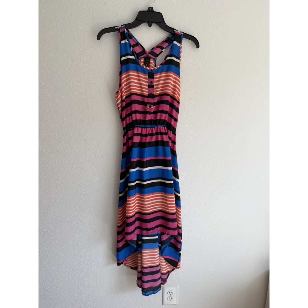 Fun & Flirt Striped High-Low Dress Blue Pink Orange Size M Sleeveless Racerback
